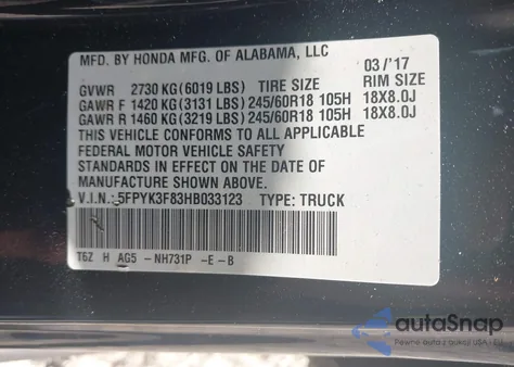 2017 Honda Ridgeline Black Edition from USA, damaged, VIN 5FPYK3F83HB033123